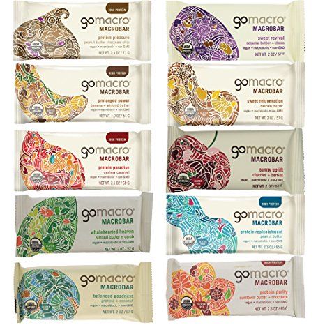 GoMacro Organic Nutrition Bars Variety, 1.9 oz- 2.5 oz (Pack of 20 / 2 Each of 10 Flavors ) with 1 Snack Castle 9" x 8" Reusable Snack Pouch with Locking Knob Bundle