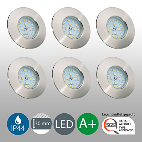 Set of 6 LED Recessed Downlights Light Ceiling Light IP44 Ultra Slim 5.5 Watt 470 Lumen Warmwhite Spots Matt Round Nickel