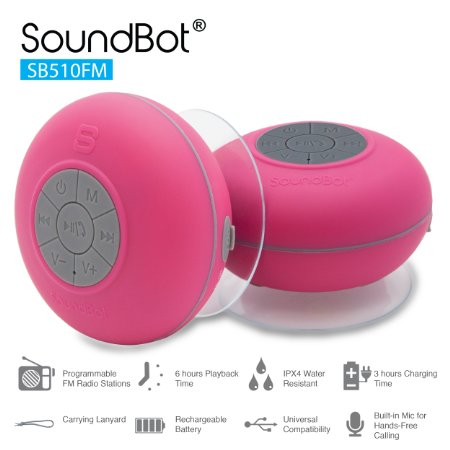 SoundBot SB510FM FM RADIO Water Resistant Bluetooth Wireless 5W Shower Speaker HandsFree Portable Speakerphone w Auto-Scan Tuner 6Hrs Music Streaming Built-in Mic Detachable Suction Cup Lanyard