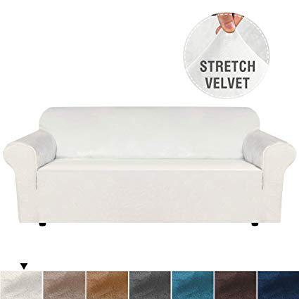 Elegant Luxury Velvet Plush Sofa Cover Stretch Furniture Cover for Living, Stretch Slipcover Sofa Covers for 3 Seat Couch Slipcover/Lounge Covers, Super Soft Machine Washable, Ivory, Sofa