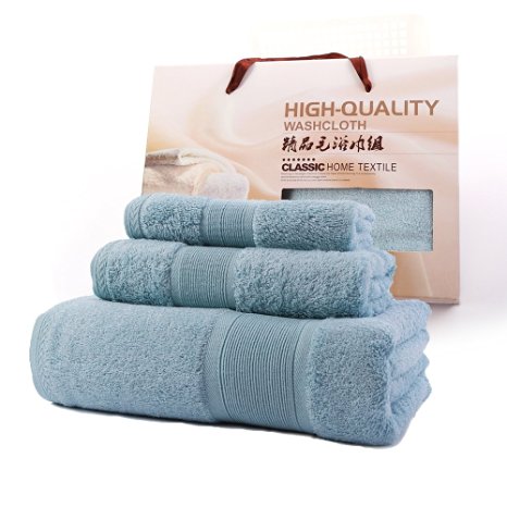 Ibestuff Ultra Soft Fade-Resistant Bamboo and Cotton 3-Piece Towel Set (Light Blue)