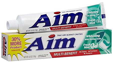 Aim Whitening Anticavity Fluoride Toothpaste, with Baking Soda, Fresh Mint Gel, 6 Oz (Pack of 6)
