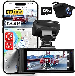 REDTIGER 4K HDR Dash Cam Front and Rear, STARVIS 2 Sensor, 5.8GHz WiFi APP, 3.18" Touchscreen, Voice Control, 128G Card Included, WDR, Dash Camera for Cars with GPS, 24H Parking Mode(F7N Elite)