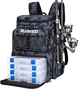 PLUSINNO Fishing Backpack with Rod Holders, 42L Water-resistant Fishing Tackle Bag With 4 Tackle Boxes,Fishing Gear For Camping, Hiking, Fishing Gifts for Men Black Camo