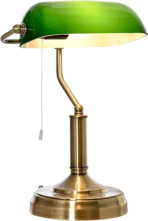 HOMCOM Banker's Table Lamp Desk Lamp with Antique Bronze Base, Green Glass Shade and Pull Rope Switch for Home Office, Living Room, Bedroom, Dining Room