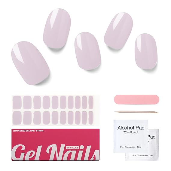 Semi Cured Gel Nail Strips, 20 PCS Gel Nail Stickers Work with UV Light, Gel Nail Wraps, Salon Quality & Easy to Use - Morandi Purple