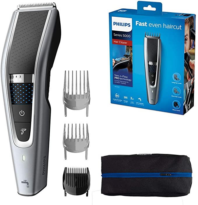 Philips Series 5000 Trim-n-Flow PRO Technology Hair Clipper, Fully Washable, Silver/Black, HC5630/13