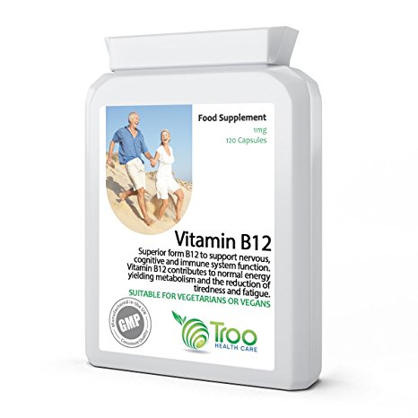 Vitamin B12 Methylcobalamin 1mg (1000mcg) 120 Capsules - Most Bioavailable Form of B12 - Contributes to Functioning of Metabolism, Nervous System, Immune System & Reduction of Fatigue