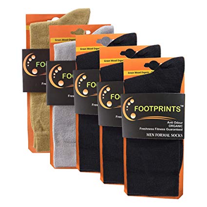 FootPrints Organic Cotton and Bamboo Men's Formal Socks Pack of 5 -(3 Black, 1 Grey, 1 Khakhi)