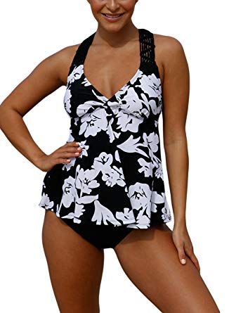 Dokotoo Womens Summer Patchwork Printed Open Back Tankini Top Set Swimsuit Swimwear