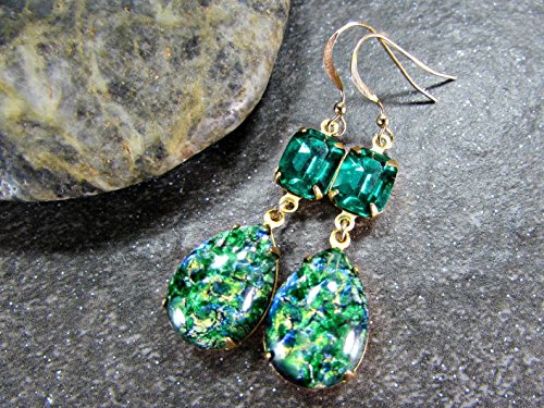 Long Green Simulated Opal, Emerald-Cut Crystal and 14K Gold Filled Earrings