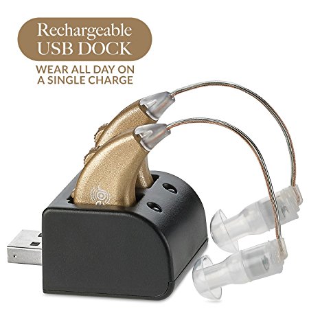 Digital Hearing Amplifiers - Rechargeable BTE Personal Sound Amplifier Pair with USB Dock - Premium Gold Behind the Ear Sound Amplification - By NewEar