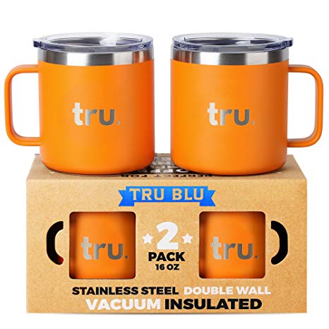 Large Stainless Steel Vacuum Insulated Coffee Mugs with Lids 16 oz, Set of 2 Double Wall Metal Mugs with Handle - Lightweight, Unbreakable, Shatterproof, Durable, BPA Free