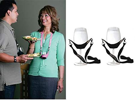 WineYoke Party Time Hand Free Wine Glass Holder Necklace - Set of 2 (Black & Black)