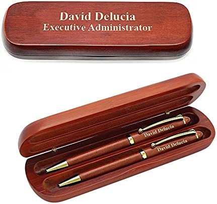 Executive Gift Shoppe | Personalized Cherrywood Double Pen Set | 2 Twist Open Ballpoint Pens | Polished Gold Tips, Barrels, Clips | Free Engraving | Perfect Business Gift | Cherrywood Presentation Box