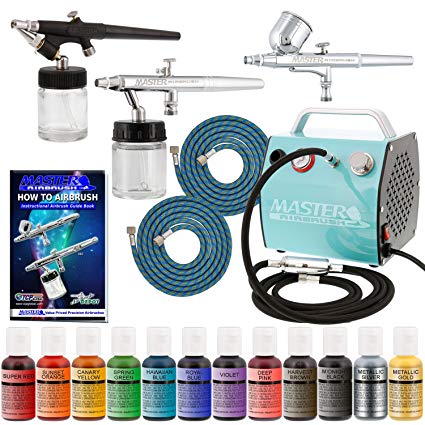 Bakery Airbrush Cake Kit with 3 Airbrushes, Compressor, 2 Air Hoses & 12 Color Chefmaster Food Coloring Set, .7 fl ounce