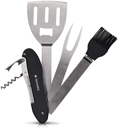 Navaris 5-in-1 BBQ Multitool - Folding Barbecue Grill Multi-Tool Set with Spatula, Fork, Silicone Brush, Corkscrew, Bottle Opener - Stainless Steel