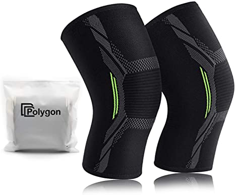 Knee Support Brace 2 Pack, Polygon Knee Compression Sleeve for Running, Arthritis, ACL, Meniscus Tear, Sports, Joint Pain Relief and Injury Recovery (Large)