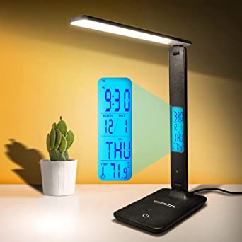 LED Desk Lamp with Smart Features (Clock, Alarm, Date, Temperature), 3 Levels Brightness Adjustable and Foldable Touch Table Lamp with USB Charging Port-Suitable for Office, Bedroom,Dorm Study, Black