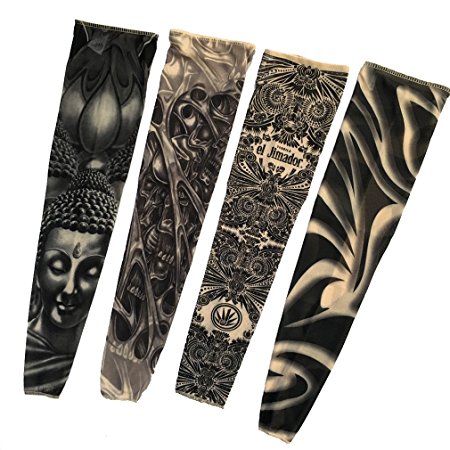 Albabara Fake Tattoo UV Protection Arm Cooling Sleeves, Dark Series, Pack of 4