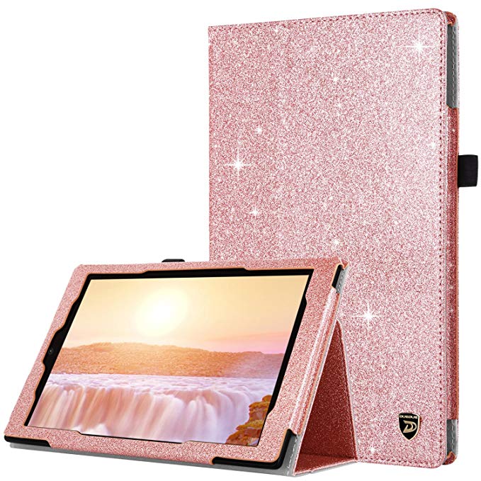 DUEDUE Case for All-New Amazon Fire HD 10 Tablet (7th/5th Generation, 2017/2015 Release) Slim Glitter Bling PU Leather Folio Stand Smart Cover Stylus Holder/Auto Wake/Sleep for Fire HD 10,Rose Gold