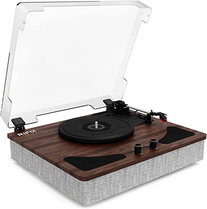 RIF6 Record Player with Speakers and Anti Dust Cover — 3 Speed Vinyl Player with Ruby Needle — Bluetooth and Auto Stop Function — Dark Brown Wood