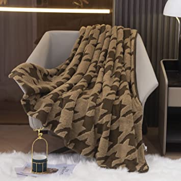 HT&PJ Sherpa Fleece Throw Blanket Houndstooth Fuzzy Soft Warm Thick for All Seasons Couch Bed Sofa(Khaki, Throw(50"X60"))