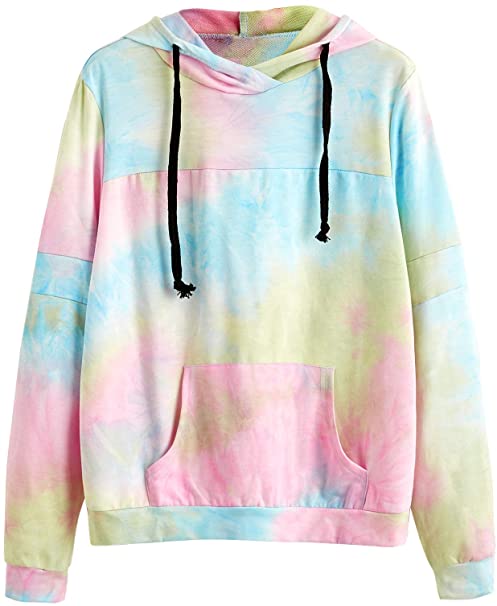 DIDK Women's Tie Dye Colorblock Kangaroo Pocket Drawstring Pullover Hoodie Sweatshirt