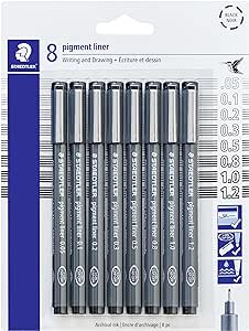 STAEDTLER Pigment Liner Pack, Black, 8 Pens, Assorted Line Widths, 0.05mm, 0.1mm, 0.2mm, 0.3mm, 0.5mm, 0.8mm, 1.0mm, 1.2mm