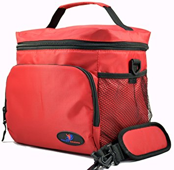 Large Insulated Lunch Bag Double-Sewn Nylon Zipper Closures with Large Side Pockets Carry Handle and 48" Shoulder Strap (Large, Red)