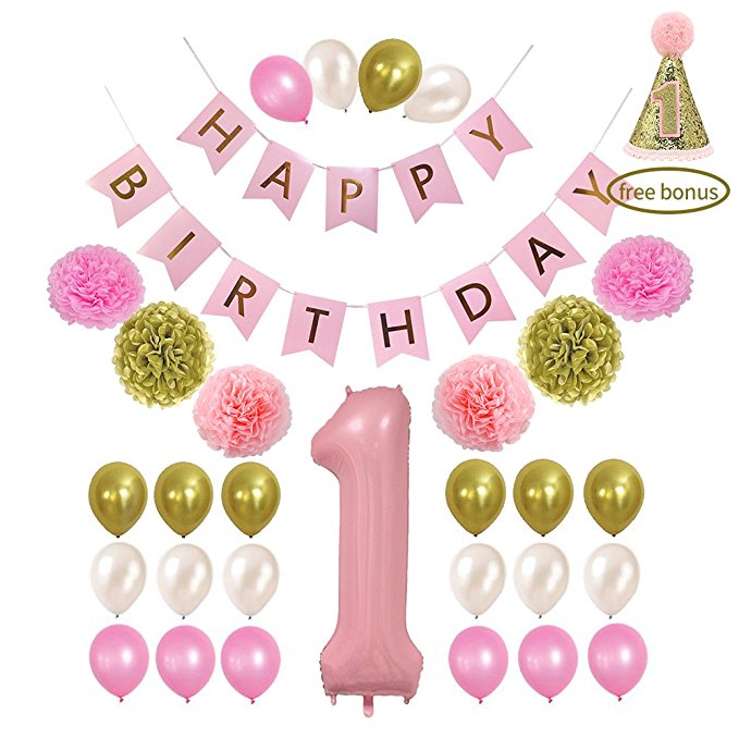 LITAUS 1st Birthday Girl Decorations, Pink and Gold 1st Birthday Girl Outfit for Baby's First Birthday Decorations, Number One Balloon, Happy Birthday Banner, Pom Poms, Birthday Hat for First birthday