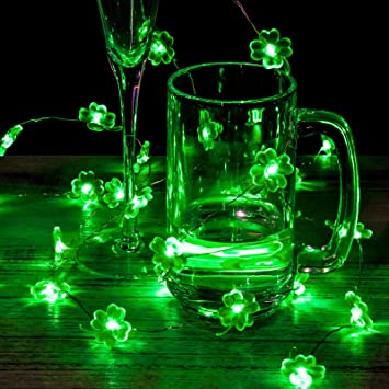 40 LED St. Patrick's Day Decorative String Lights, Shamrock Four Leaf Green Clover Battery Powered Remote Fairy String Lights St. Patrick's Party Outdoor Indoor Decorations, 10 ft