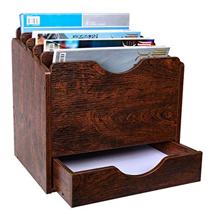 PAG Wood Desktop File Holder Organizer Mail Sorter with Drawer, for File Folders, Mails, Envelopes, Mailing Supplies or Magazines, 6 Compartments, Retro Brown