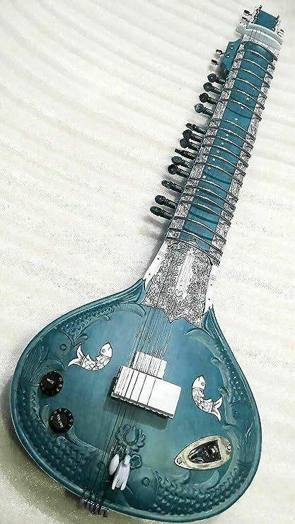 INDIAN HANDMADE ~ ELECTRIC SITAR SHRI RAVI SHANKAR STYLE DESIGNER TUN WOOD FREE STRING & MIZRAB