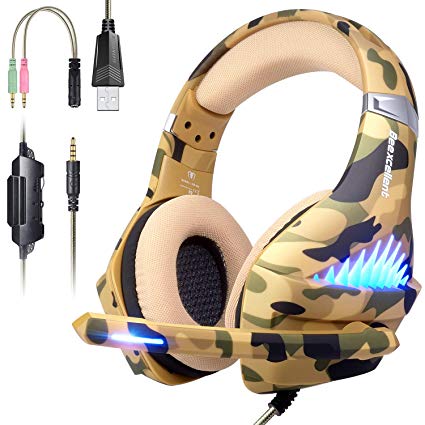 PS4 Gaming Headset for Xbox One, PC, Mac, Nintendo switch Games, Noise Reduction Gaming Headphones, Surround Sound with Microphone, LED Lights, 3.5mm jack for Smart phones, Laptop, computer -Camouflag