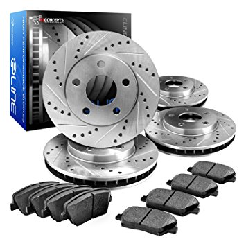 R1 Concepts CEDS10443 Eline Series Cross-Drilled Slotted Rotors And Ceramic Pads Kit - Front and Rear