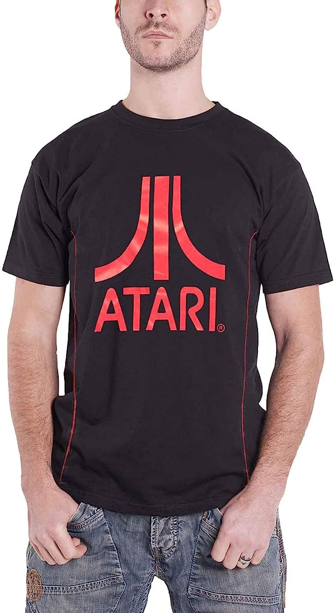 Atari T Shirt Classic Red Logo New Official Gamer Mens Black Size L