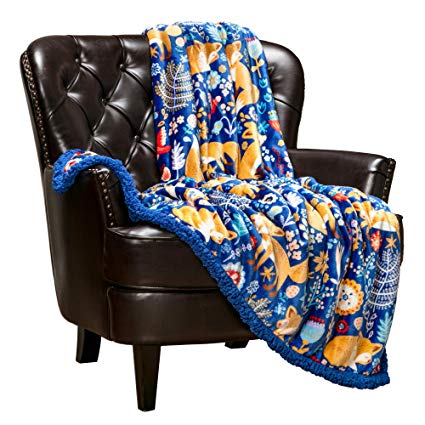 Chanasya Gold Fox Lush Nature Vibrant Color Print Gift Throw Blanket - Super Soft Cozy Snuggly Luxurious Chick Plush Sherpa for Birthday Kids Bed Couch Sofa Chair Office (50 x 65 Inches) - Blue