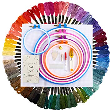 Fuyit Embroidery Starter Kit Cross Stitch Tool Kit 72 Colours Embroidery Thread, 5 Pieces Plastic Embroidery Hoops, 45cm x 30cm 14 Count Classic Reserve Aida Other Necessary Tools as Shown