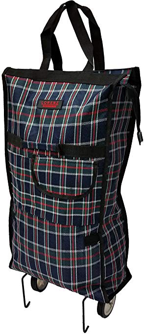 Deluxe Fold Away Lightweight Shopping Bag on Wheels with Front Pocket and Zip Closure. Folding Trolley Bag (Navy Check)