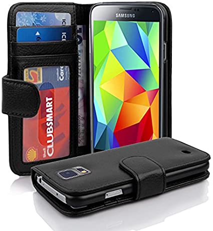 Cadorabo Book Case works with Samsung Galaxy S5 / S5 NEO in MIDNIGHT BLACK - with Magnetic Closure and 3 Card Slots - Wallet Etui Cover Pouch PU Leather Flip