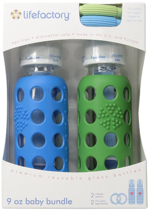 Lifefactory BPA-Free Glass Baby Bottle Gift Set with Two 9-Ounce Glass Bottles and Silicone Teether, Ocean & Grass Green