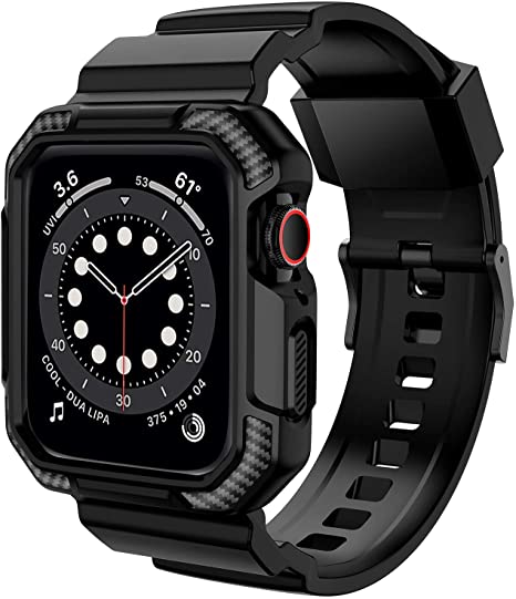 OROBAY Compatible with Apple Watch Band 44mm 42mm with Case, Shockproof Rugged Band Strap for iWatch SE Series 6 5 4 3 2 1 44mm 42mm with Protective Bumper Case Cover Men Women, Matte Black