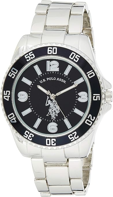 U.S. Polo Assn. Men's Silver-Toned Watch with a Black Dial, Automatic Quartz Metal/Alloy, Fold-Over-Clasp Watch - USC80515, Silver/Black