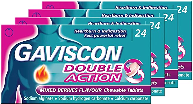 Gaviscon Double Action Tablets for Heartburn and Indigestion, Mixed Berries, Multipack of 4 x 24 Tablets, Total 96 Tablets