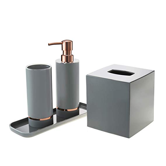 Decozen Set of 4 Pcs Bathroom Accessories Set in Grey Bright Rose Gold Strip Accent Cylindrical Tumbler Lotion Dispenser Square Tray Tissue Box Bathroom Decor Accessory Set