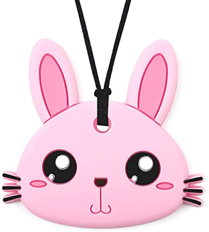 MaberryTech Direct Sensory Oral Motor Aide Chew Necklace Silicone Rabbit Teething Pendant for Baby Girls Teether Toys for Autism or Special Needs - Reduces Kids Biting/Chewing/Fidget (Rabbit)