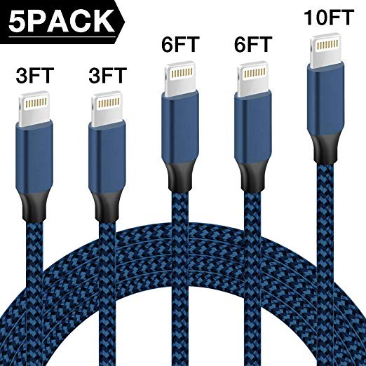iPhone Charger,Binecsies MFi Certified Lightning Cable 5 Pack [3/3/6/6/10FT] Extra Long Nylon Braided USB Charging & Syncing Cord Compatible iPhone Xs/Max/XR/X/8/8Plus/7/7Plus/6S/6S Plus/Nan More