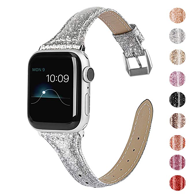 Wearlizer Silver Thin Glitter Leather Compatible with Apple Watch Bands 38mm 40mm Women for iWatch Slim Wristband Glistening Strap Replacement Bracelet with Silver Metal Clasp Series 5 4 3 2 1 Edition