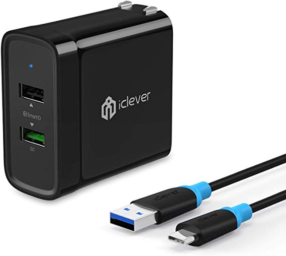 iClever 30W Dual USB Wall Charger (18W Quick Charge 3.0 and 12W SmartID), with 4 ft USB A to USB C Charging Cable for Samsung Galaxy S10/S9/S8/S7/S7 Edge/Note 8, iPhone 7/6, iPad Mini/Air